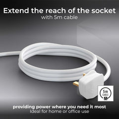 Masterplug Four Socket Extension Lead, 5 Metre Cable, Unswitched, 4-Way Plug Extension Cable, Power Strip, Basic Power, White, 13A, 4G, 5m, BFG5N