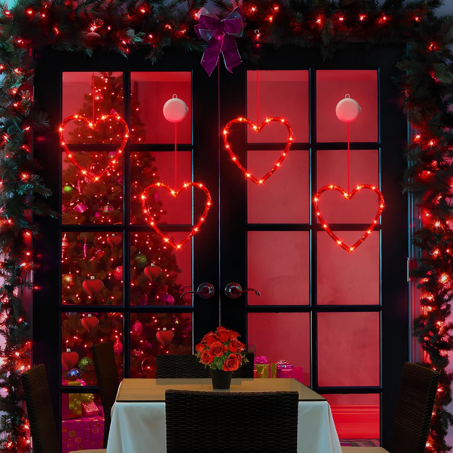 3 Pack Valentine Heart Window Lights with Timer – Battery Powered Red LED Hanging Decor