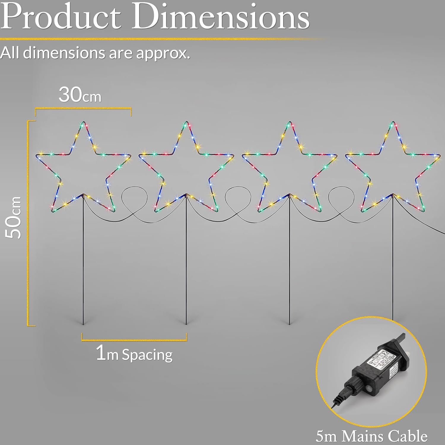 Star Pathway Lights, Outdoor Christmas Path Stake Decorations, Flashing Multi Coloured Micro LED, Mains Powered (4 x 50cm)
