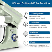 Vospeed Stand Mixer 5QT 1000W Tilt-Head Kitchen Mixer – 8 Speed Electric Food Mixer with Dough Hook, Whisk, Beater & Bowl – Green