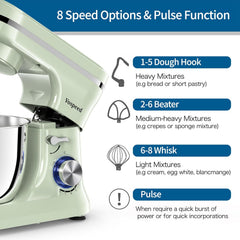Vospeed Stand Mixer 5QT 1000W Tilt-Head Kitchen Mixer – 8 Speed Electric Food Mixer with Dough Hook, Whisk, Beater & Bowl – Green