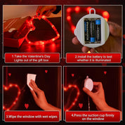 3 Pack Valentine Heart Window Lights with Timer – Battery Powered Red LED Hanging Decor