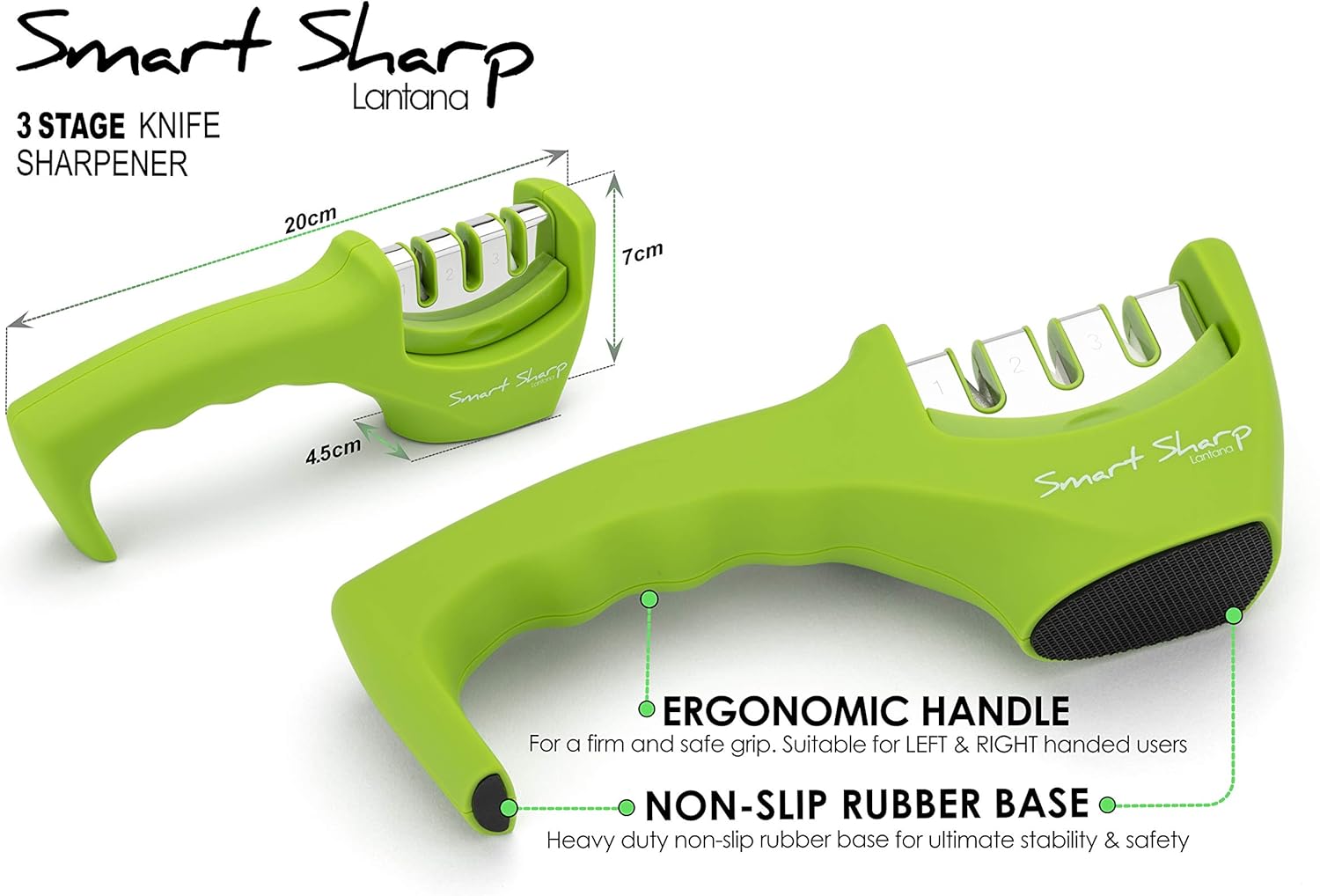 Smart Sharp 3-Stage Professional Knife Sharpener – Manual Kitchen Knife Sharpener with Ceramic Stone, Tungsten Carbide & Diamond Rods – Non-Slip Ergonomic Handle (Green)