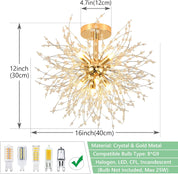 Modern Crystal Chandelier Ceiling Light, Firework Design Pendant Lamp, Gold K9 Crystals, 8 G9 Sockets for Living Room