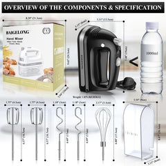 Hand Electric Mixer 300W – 5 Speeds + Turbo Boost, 5 Stainless Steel Attachments, Handheld Blender for Baking – Black