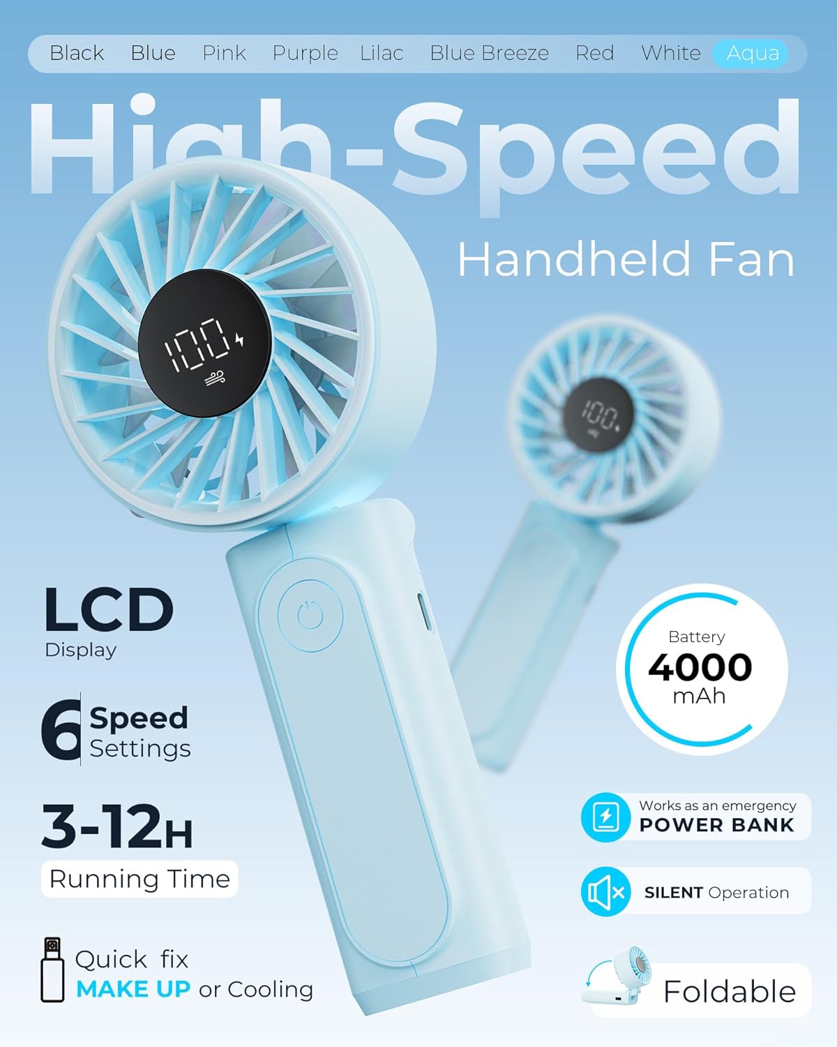 Handheld Fan, Portable Fan with 4000mAh Rechargeable Battery, LED Display Hand Fan with 6 Speeds, Mini Fan 180° Foldable for Home Office Travel Outdoor Bedroom