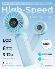 Handheld Fan, Portable Fan with 4000mAh Rechargeable Battery, LED Display Hand Fan with 6 Speeds, Mini Fan 180° Foldable for Home Office Travel Outdoor Bedroom