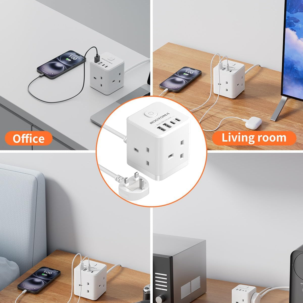 Multifunctional power strip with multiple outlets and USB ports in various settings.