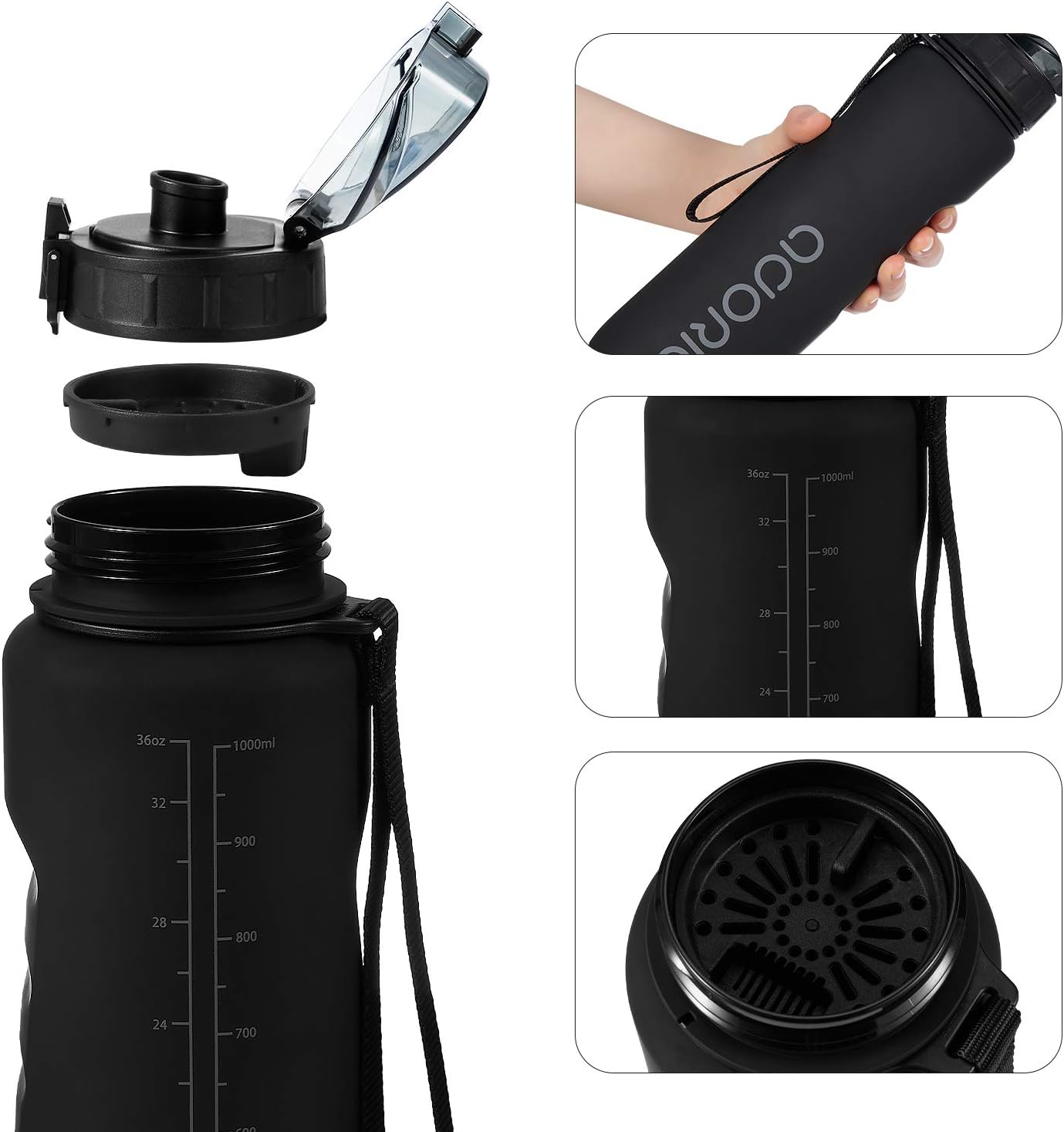 1L Sports Water Bottle – BPA-Free Tritan Leakproof Bottle with Filter & Flip Top, Black