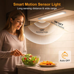 Woman preparing food in a kitchen with a smart motion sensor light above her.