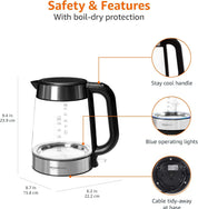 Amazon Basics 1.7L Electric Glass Kettle – Fast Boil 2200W, LED Illumination, Auto Shut-Off, Cordless Design – Black/Silver