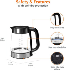 Amazon Basics 1.7L Electric Glass Kettle – Fast Boil 2200W, LED Illumination, Auto Shut-Off, Cordless Design – Black/Silver