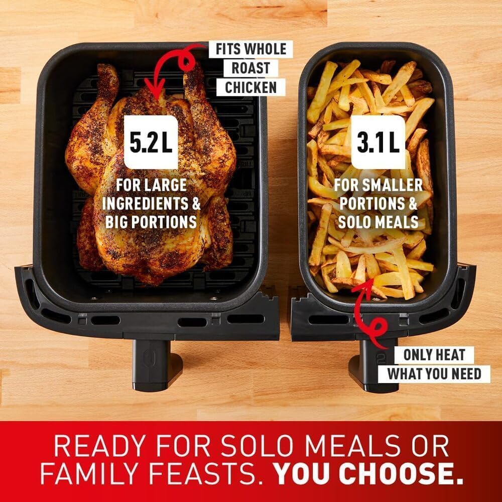 Tefal Easy Fry Dual Zone Digital Air Fryer, 8.3L – 2 Drawers, 8-in-1 Functions, 6 Portions, Extra Crisp, Non-Stick, Dishwasher Safe