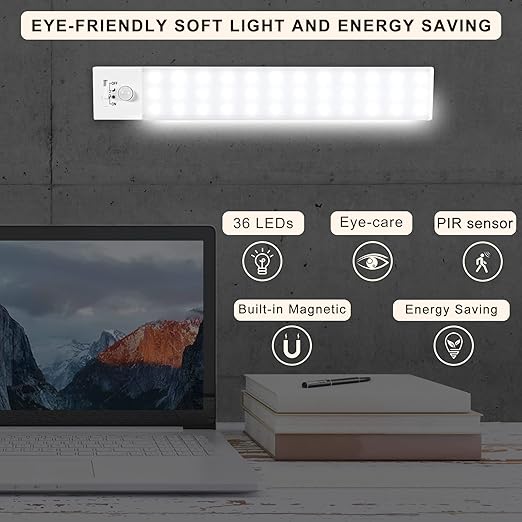 2 pack LED Under Cabinet Lights - 36 LED Motion Sensor Wireless USB Rechargeable 1000mAh Night Light