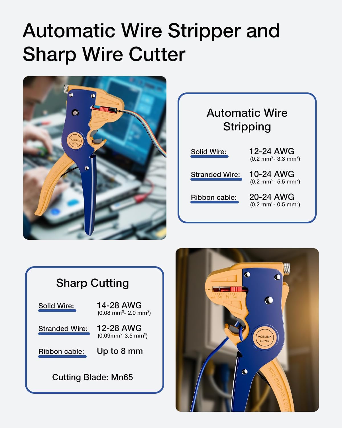 VCELINK Automatic Wire Stripper and Cutter, Electrical Cable Stripping Tool Adjustable for 14-24 AWG Cables with Eagle Nose in 7 Inch (GJ702)