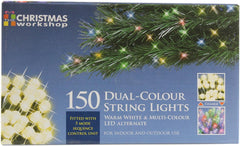 150 LED Dual-Coloured Chaser Christmas Lights – Multi-Coloured and Warm White, Indoor/Outdoor, 5 Functions, for Christmas, Weddings, and Gardens, 10.5m