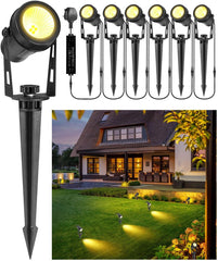 6 Pack Garden Spot Lights, Mains Powered, 12V IP65 Waterproof Outdoor Uplights, Extendable with 8 Spike Lights for Pathway, Trees, Lawn, Yard, Patio, Driveway (Warm White, 21M Cable)