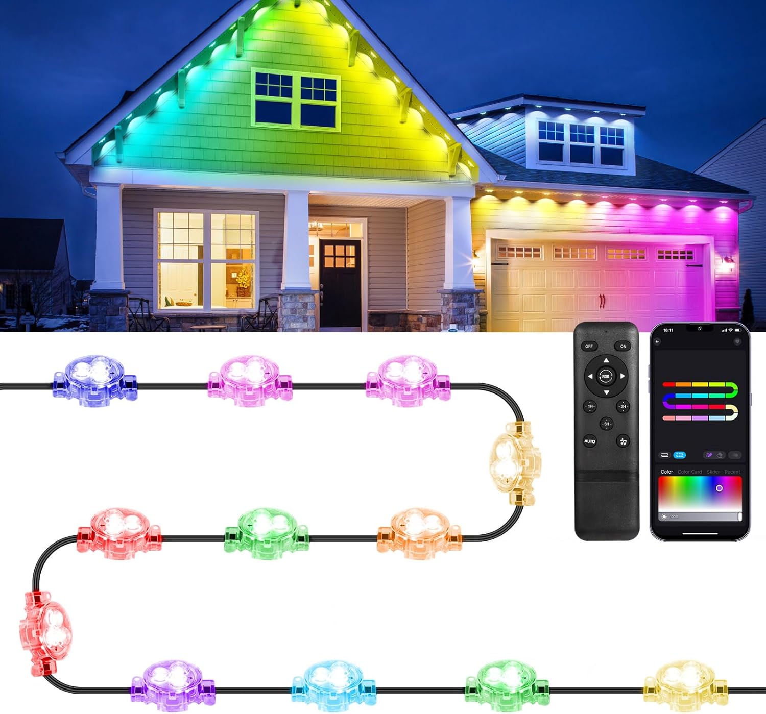 Outdoor Lights 30M,RGBWW Smart IC Outdoor Lights with 46 Scene Modes Waterproof 72 LED Eaves Lights,Work with Alexa/Google Assistant Festive Lighting for House Garageo Christmas Daily