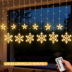 Christmas Window Curtain Lights 3.5M, 138 LED Stars & Snowflake Fairy String Lights with 8 Flashing Modes, USB & Battery Operated Warm White Christmas Tree & Wedding Decor