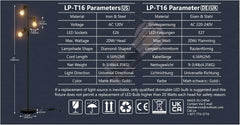 Technical specifications of a floor lamp with icons and text on a dark background