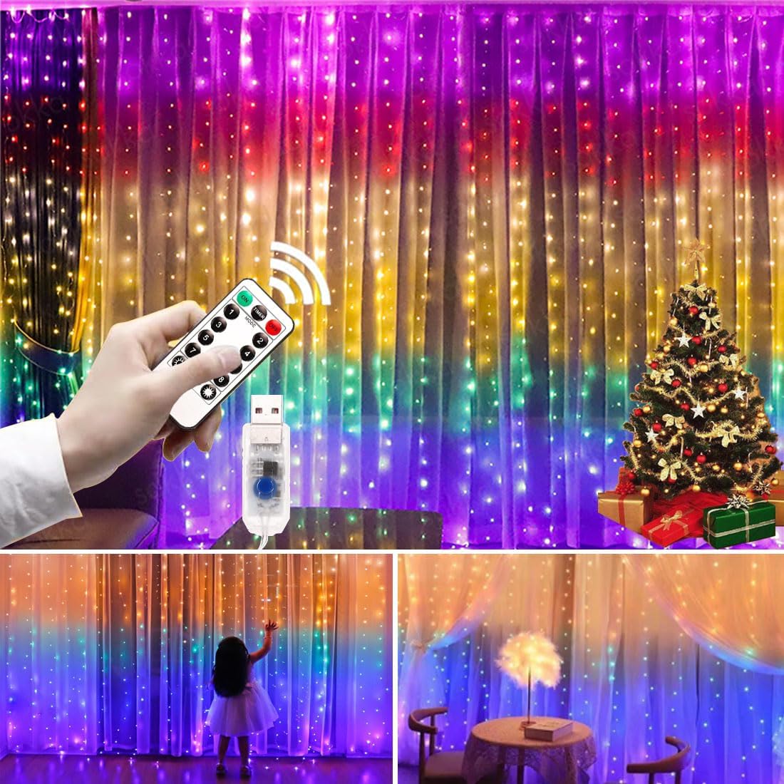 Curtain Fairy Lights – 8 Modes RGB, 200 LEDs, USB Powered, 3x2M Multicolor String Lights for Bedroom and Home Decor