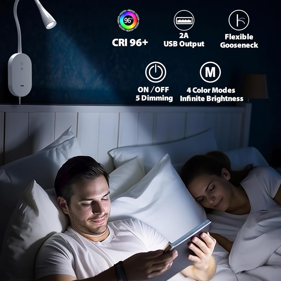High lumen flashlight being used in a bedroom setting with a man and woman lying in bed.