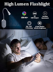 High lumen flashlight being used in a bedroom setting with a man and woman lying in bed.
