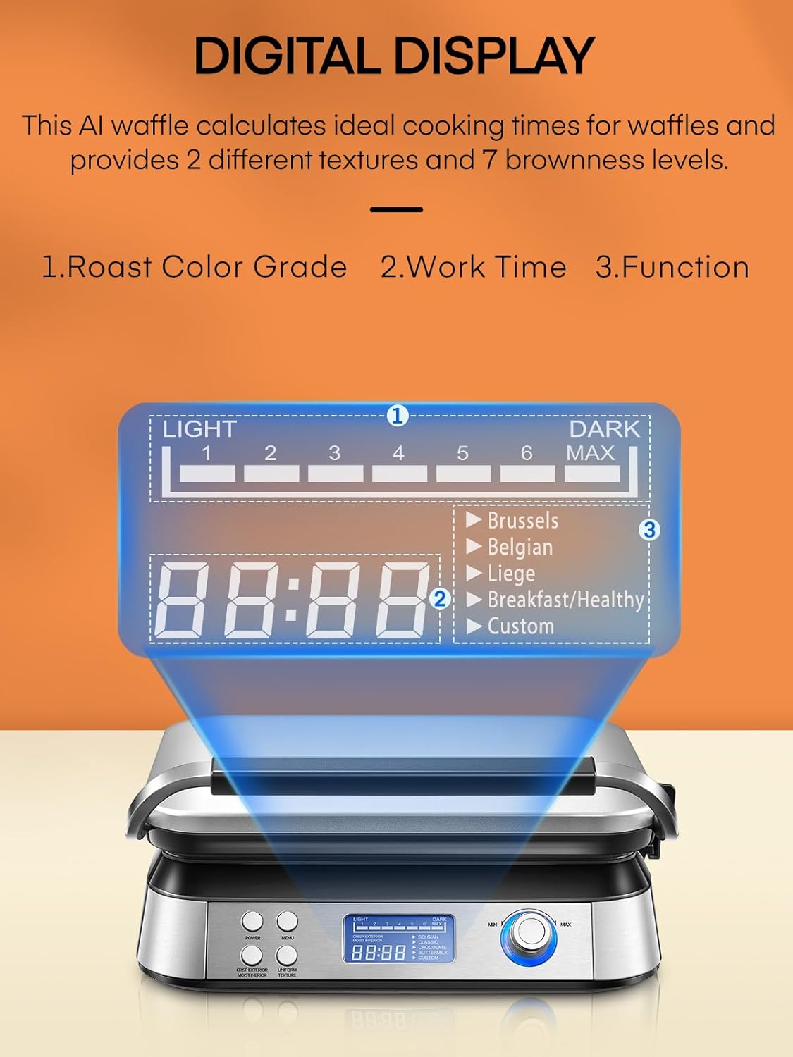 Smart Waffle Maker 1600W – Digital Display, 7 Browning Levels, 5 Presets, Non-Stick, Family Size, Timer & Alerts – Silver