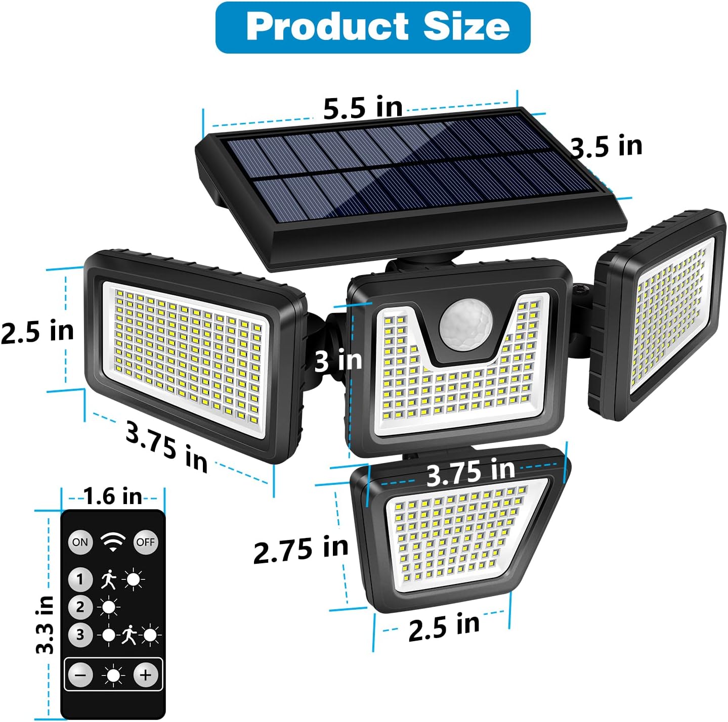 Solar Security Lights, IP65 Waterproof Outdoor Motion Lights with 4-Head Wide Angle Illumination, Solar Flood Light for Porch Yard Patio Garden Pathway Garage, 2 Pack