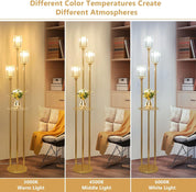 Modern Floor Lamp with Shelves – 3-Light Gold Crystal Standing Lamp with Glass Shades & Foot Switch for Living Room, Bedroom