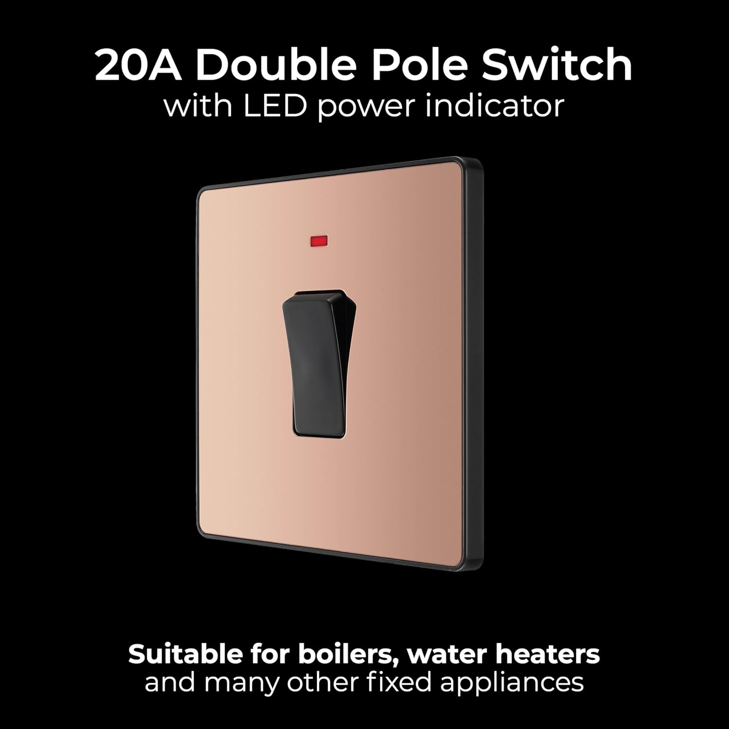 BG Electrical Single Wall Switch with LED Power Indicator, Double Pole, Screwless Front Plate, Round Edges, Evolve, Polished Copper, 20A, PCDCP31B
