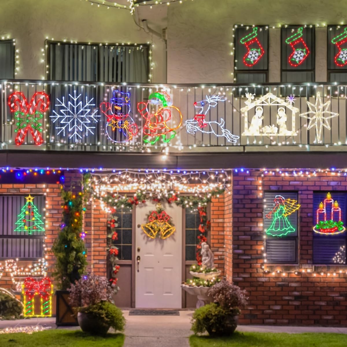 Pytopkto Christmas LED Window Silhouette Lights Set of 4 – Bell, Candy Cane, Snowman & Gift Box – Indoor & Outdoor Decorations