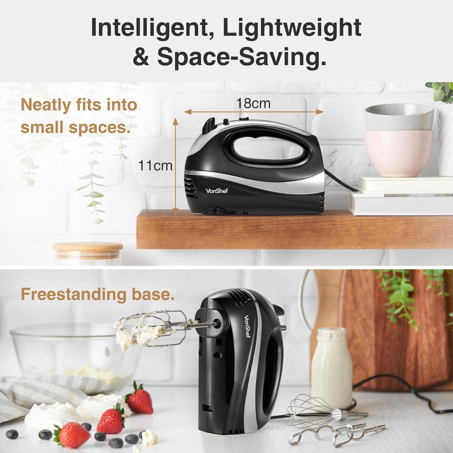 VonShef Hand Mixer Electric Whisk 300W – 5 Speed Food Mixer with Turbo Boost – Black