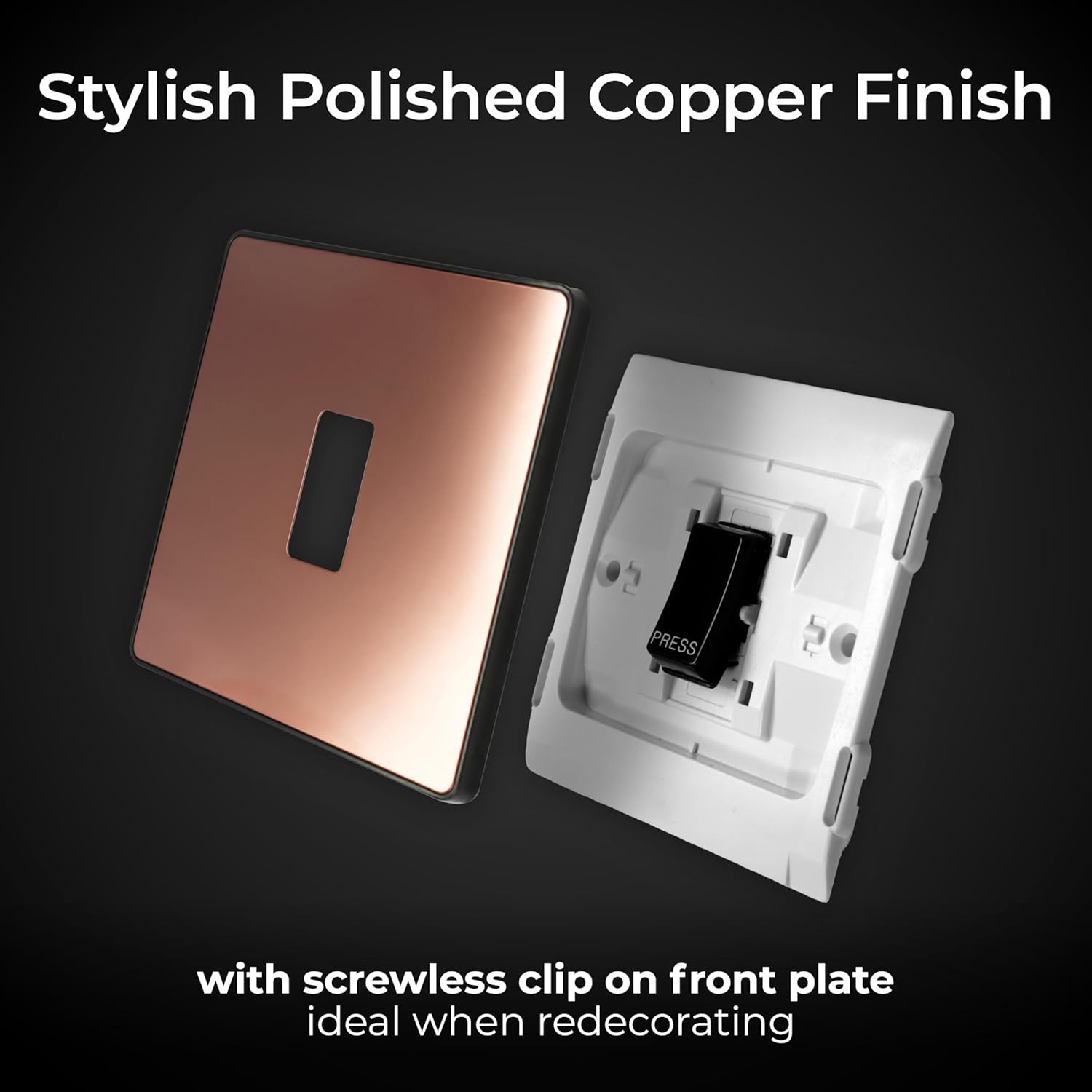 BG Electrical Single Retractive Press Switch, Screwless Front Plate, Round Edges, 1 Way, Evolve, Polished Copper, 10A, PCDCP14B