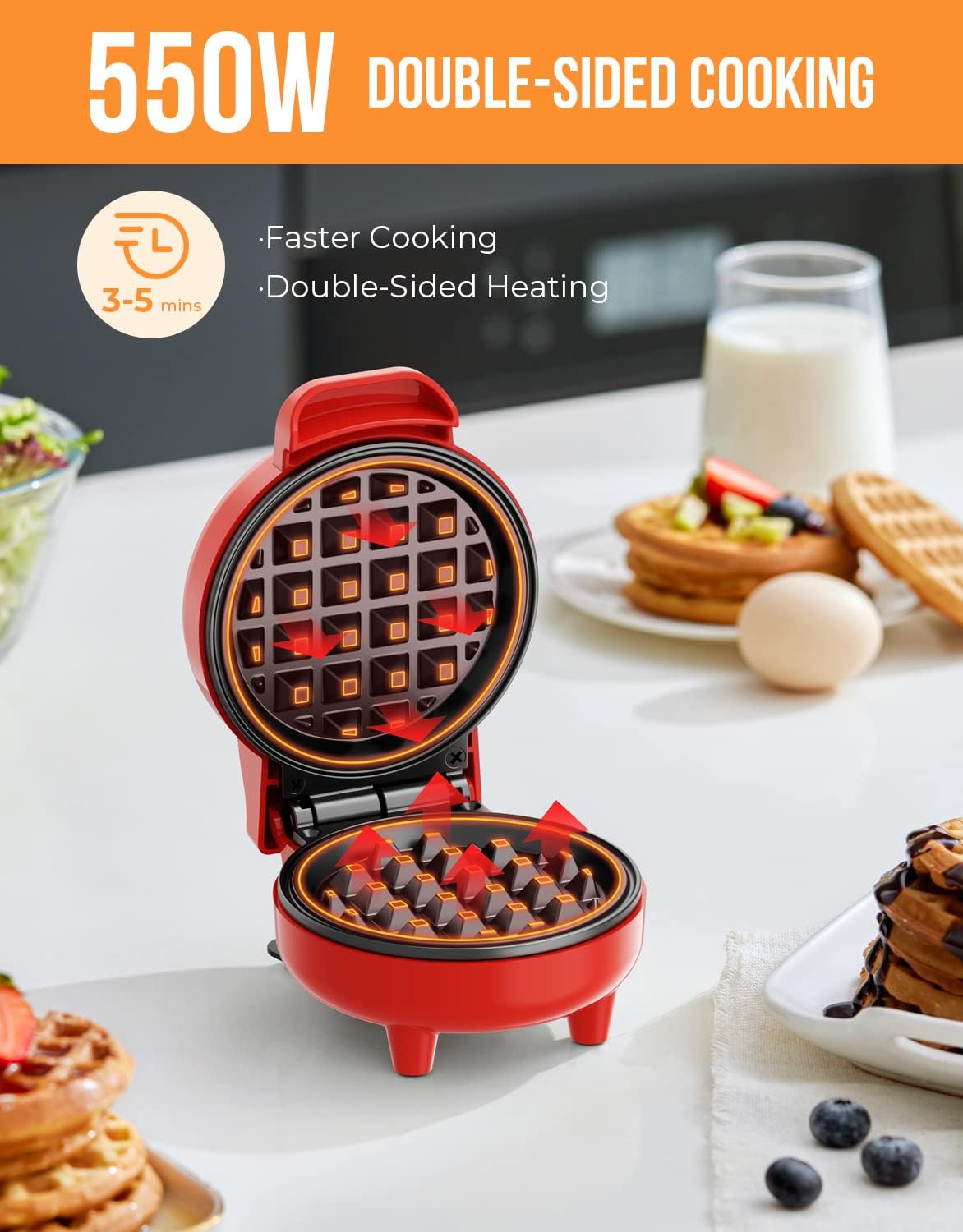 Blazant Mini Waffle Maker – 4 Inch Nonstick Compact Waffle Iron, 550W, Portable Breakfast Chaffle & Snack Maker, Red