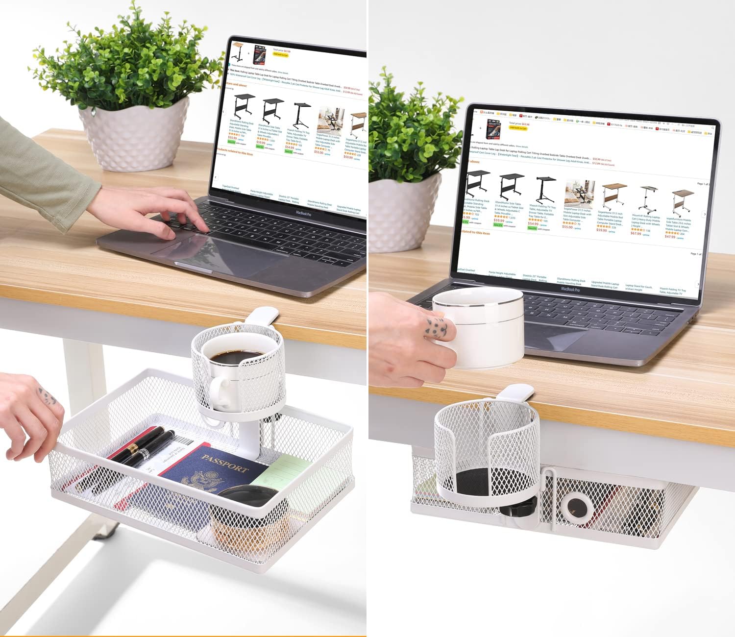 360° Rotating Under Desk Organiser with Cup Holder
