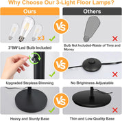 Modern 3-Light Arc Floor Lamp – Dimmable Black Tree Standing Lamp with Rotatable Heads & White Shades, 3 LED Bulbs Included