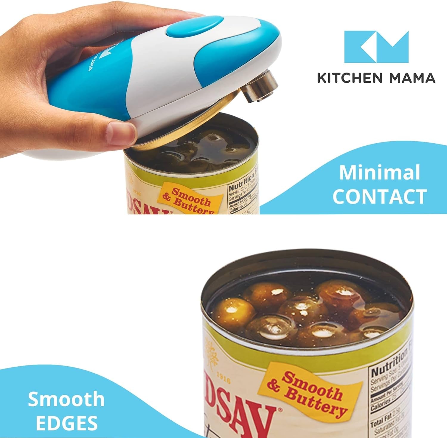 Kitchen Mama Electric Can Opener – Hands-Free Automatic, Smooth Edge, Battery Operated, One-Touch Button, Food-Safe – Sky Blue