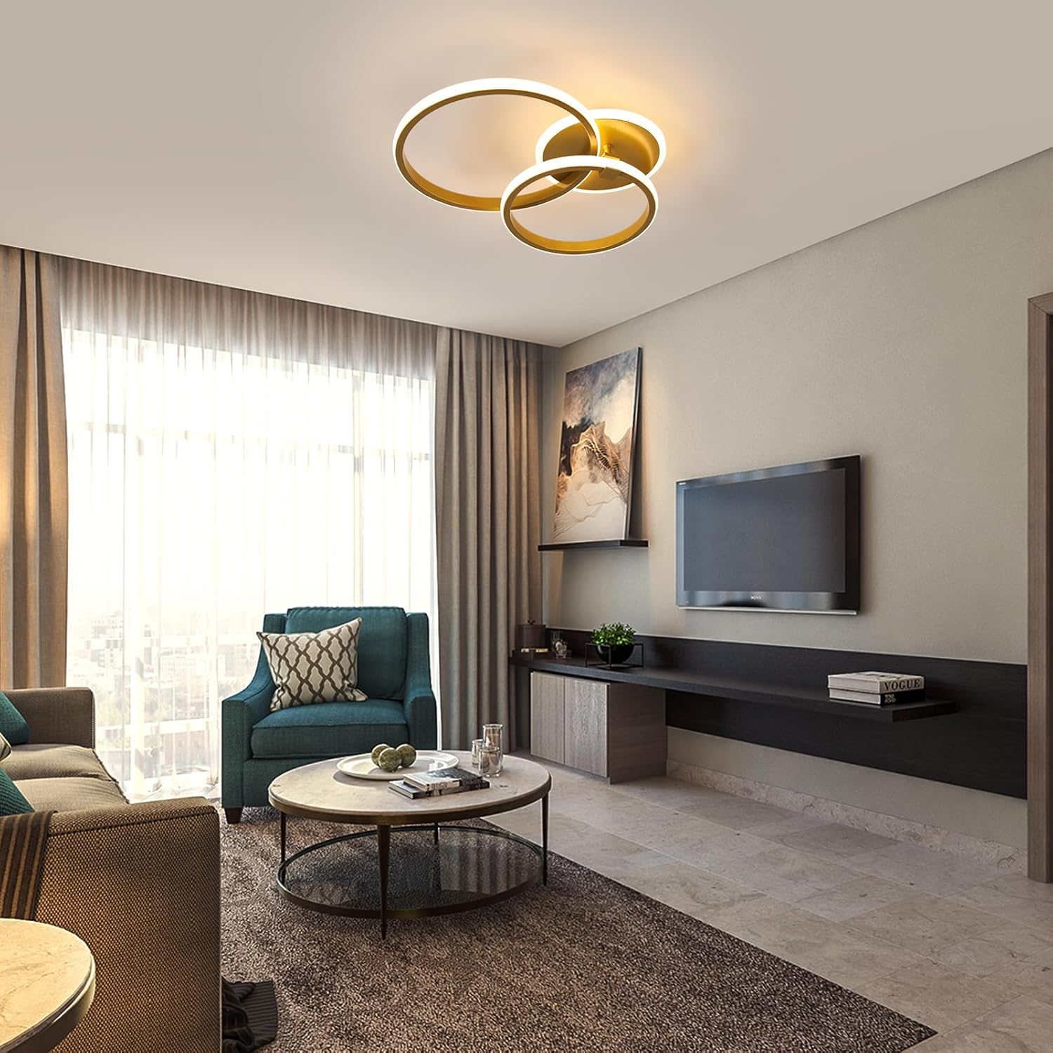 Modern LED Ceiling Lamp, 42W 4700LM Gold Round Chandelier Ceiling Light for Living Room, Bedroom, Dining Room, Office (3000K Warm White)