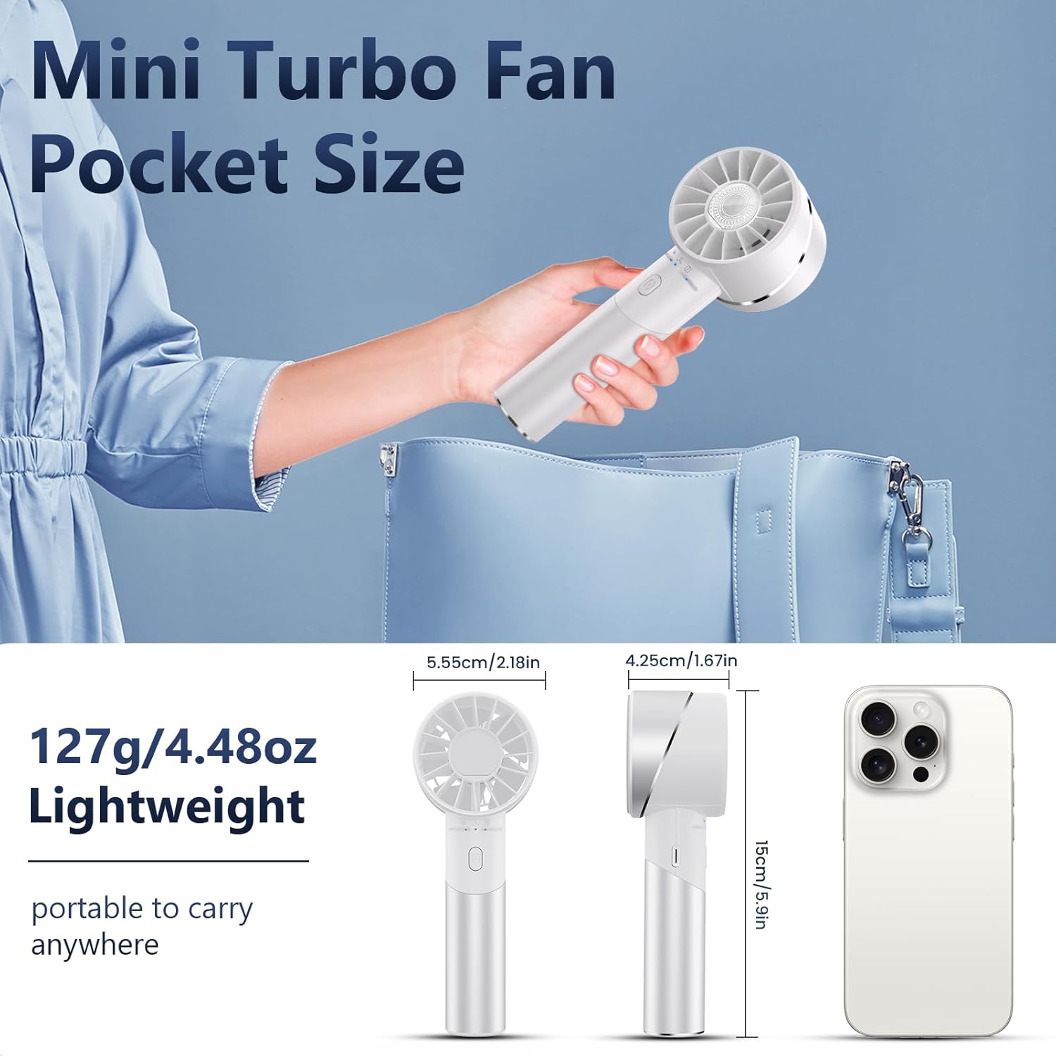 Handheld Fan, Mini Alloy Metal Personal Fan, USB Rechargeable High-Speed 16H Lasting Battery 4 Adjustable Speeds Portable Turbo Fan, Small Pocket Hand Fan for Travel, Summer Gift (White)