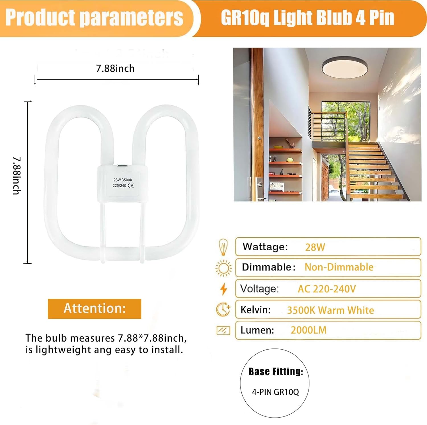 1-Pack 28W CFL Light Bulb GR10Q 4-Pin, 3500K Warm White, Non-Dimmable, Low Energy Fluorescent Lamp for Flush Ceiling Lights