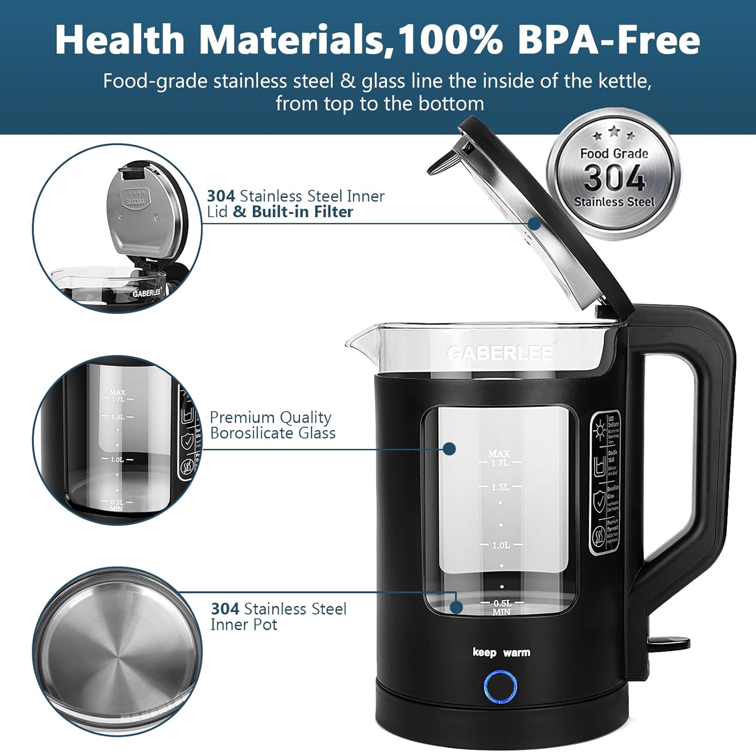 GABERLEE Electric Kettle 1.7L Glass Quiet Boil, 3000W Fast Heat, LED, Keep Warm