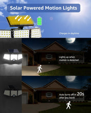 Solar-powered motion lights with daytime charging feature, night-time usage demonstration, and automatic turn-off after 20 seconds.