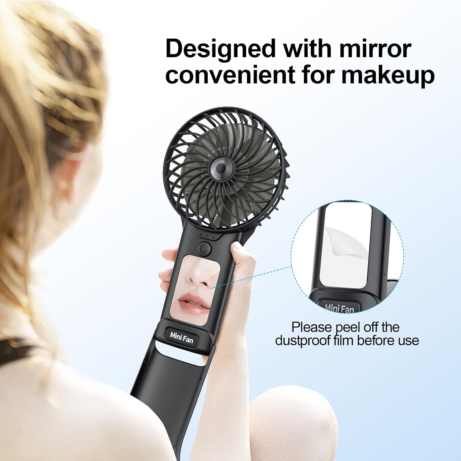 Handheld Fan, USB Rechargeable Mini Portable Fan, Personal Small Silent Hand Fan 4 Speeds with Mirror, Battery Operated Table Desk Fan for Office Outdoor Home Travel (Black)