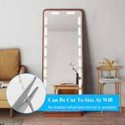 Large floor mirror with wooden frame in a room setting, showing customizable size feature.
