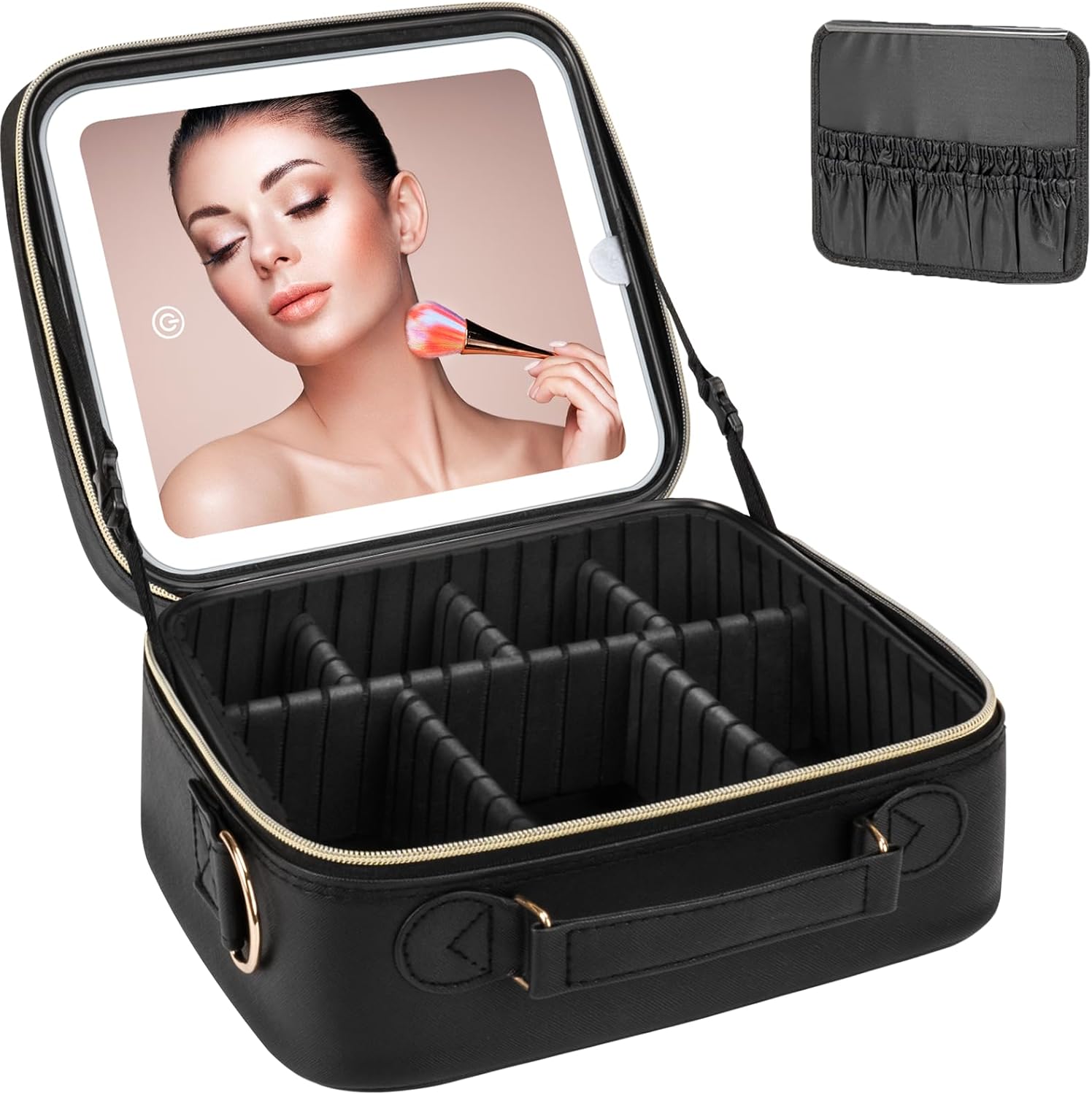 Makeup Organizer with LED Mirror, Stepless Dimmable Light, Travel Cosmetic Bag – Black