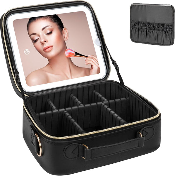 Makeup Organizer with LED Mirror, Stepless Dimmable Light, Travel Cosmetic Bag – Black