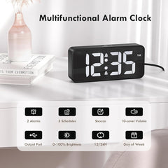Mains Powered LED Digital Alarm Clock – Dual Alarm, Snooze, 10 Ringtones, USB Port