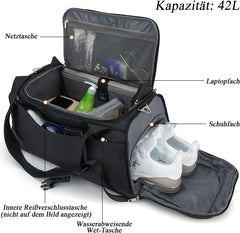 42L Waterproof Gym Duffel Bag with Shoe Compartment, Wet Pocket & Lock – Unisex