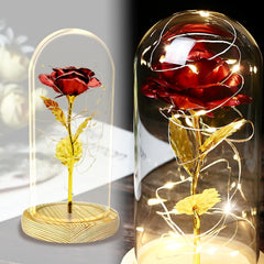 Golden Rose in Glass Dome Black Wooden Base, 24K Eternal Rose Light Up Rose Batteries Included Beauty and the Beast Rose for Wedding Anniversary Mama Valentines Christmas Birthday